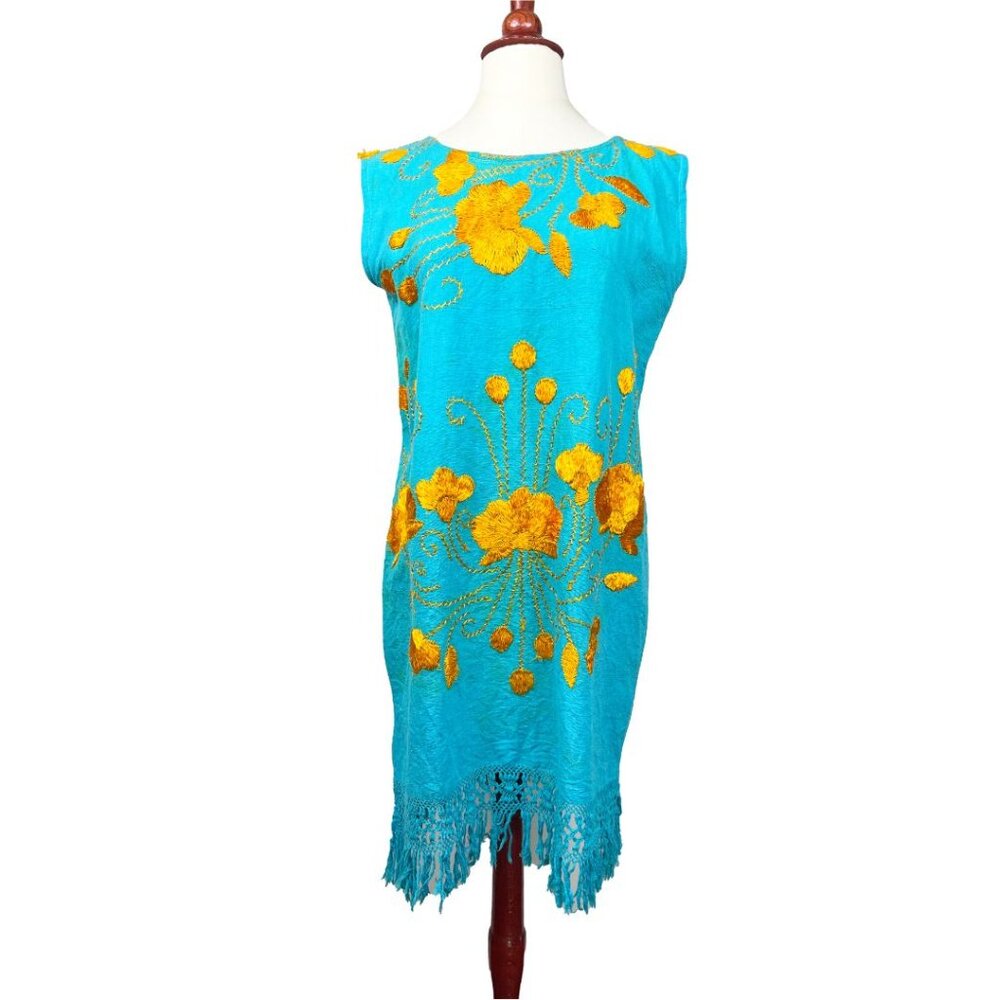 Vintage Boho Summer Shift Dress – Hand Embroidered Orange Floral with Fringe Hem
